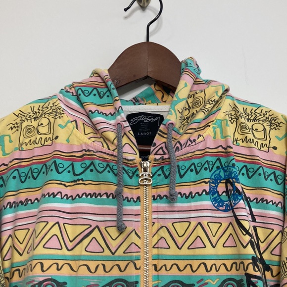 Stussy Sweatshirt Womens Large Aztec Print Orange Hoodie Light Cotton Stretch - Picture 3 of 14
